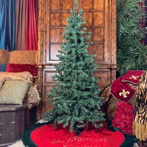 5ft Wood Trail Pine Christmas Tree + Gold Script Merry Christmas Red Green Skirt
